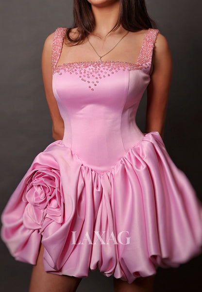 Square-Neck Straps Sleeveless Beaded Pleated Satin Short A-Line Party Homecoming Dress