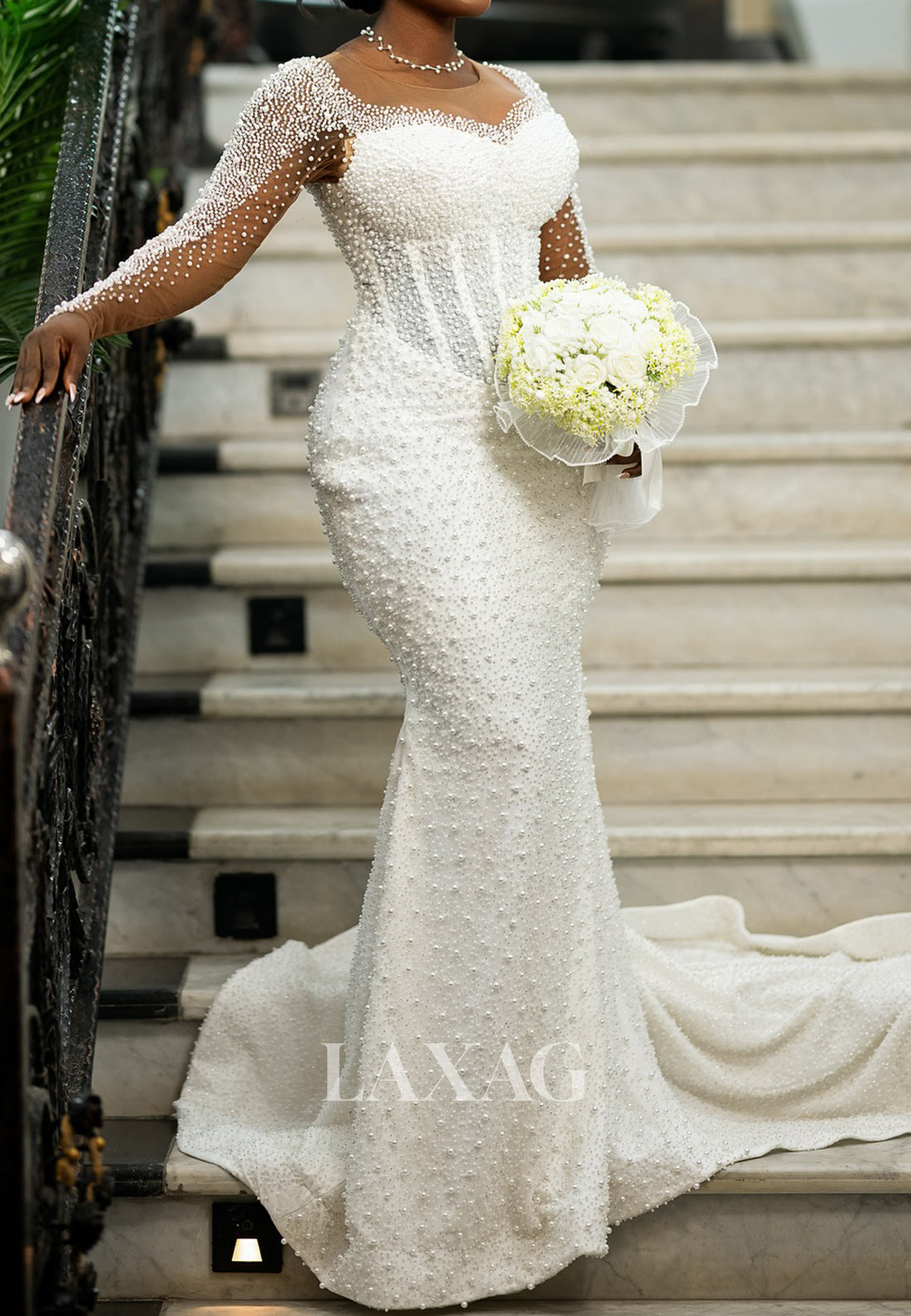 Sweetheart Long-Sleeves Fully Beaded Tulle&Satin Mermaid Wedding Dress with Train