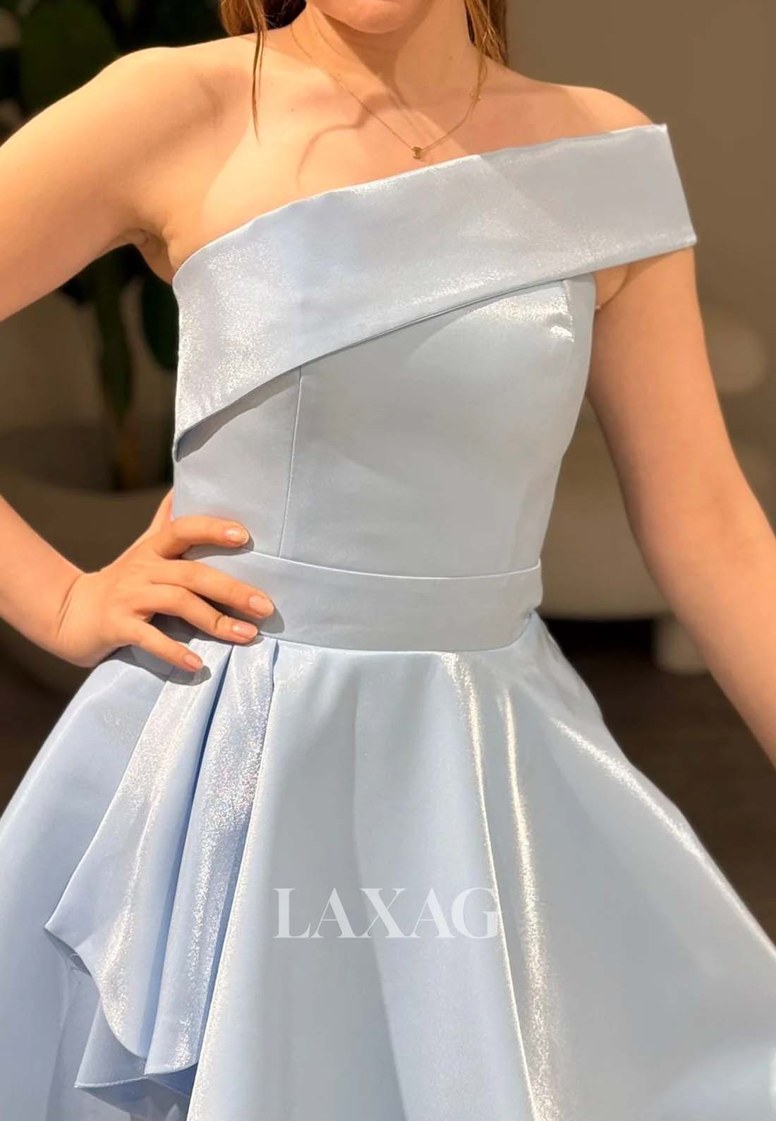 Asymmetrical-Neck Off-Shoulder Sleeveless Pleated Satin A-Line Party Homecoming Dress