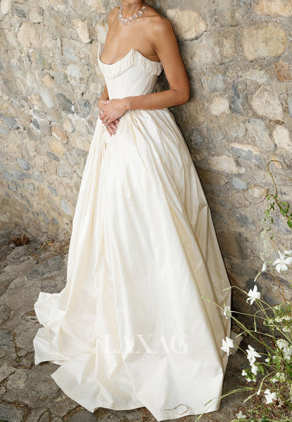 Scoop-Neck Off-Shoulder Pleated Satin Bride Gowns Sleeveless Pleated A-Line Wedding Dress with Train