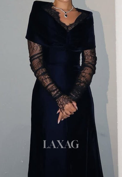 V-Neck Long-Sleeves Mermaid Evening Dress Floor-Length Pleated Satin&Lace Formal Gowns