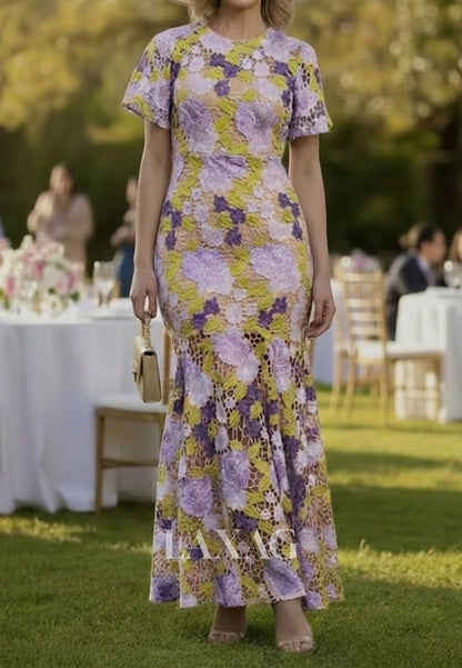 Scoop-Neck Short-Sleeves Embroidered Floor-Length Mermaid Mother of the Bride Dress