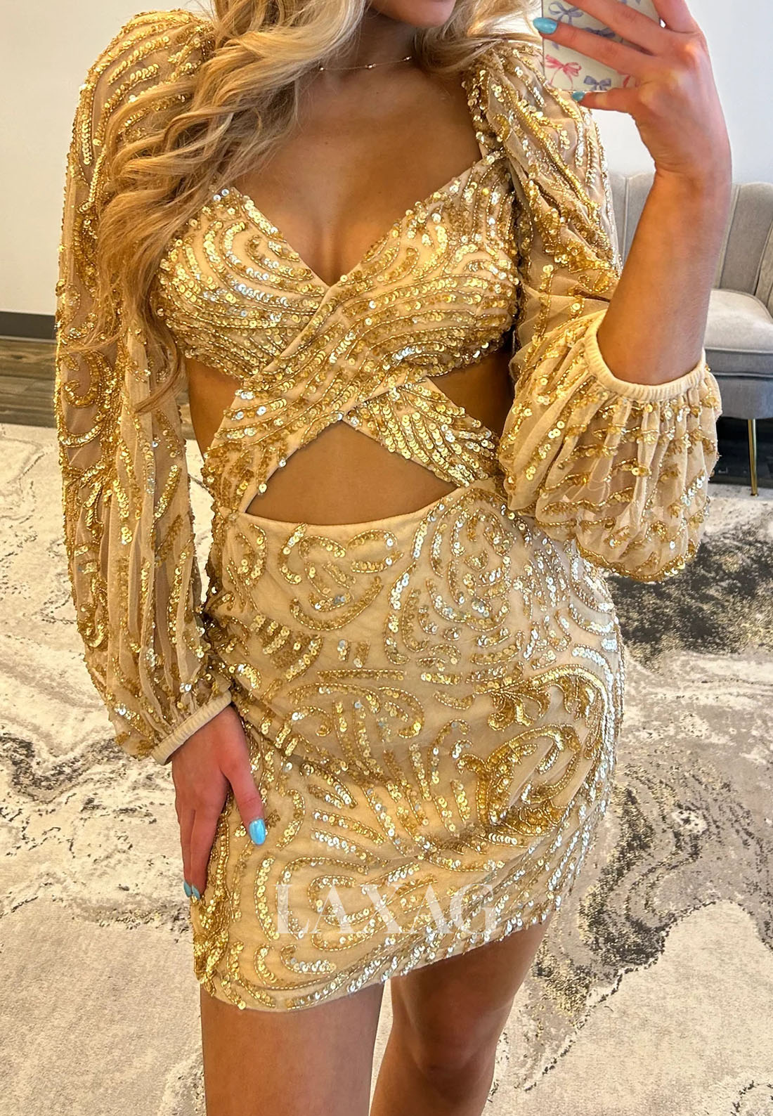 V-Neck Long-Sleeves Fully Sequined Pleated Tulle Short Mermaid Party Homecoming Dress