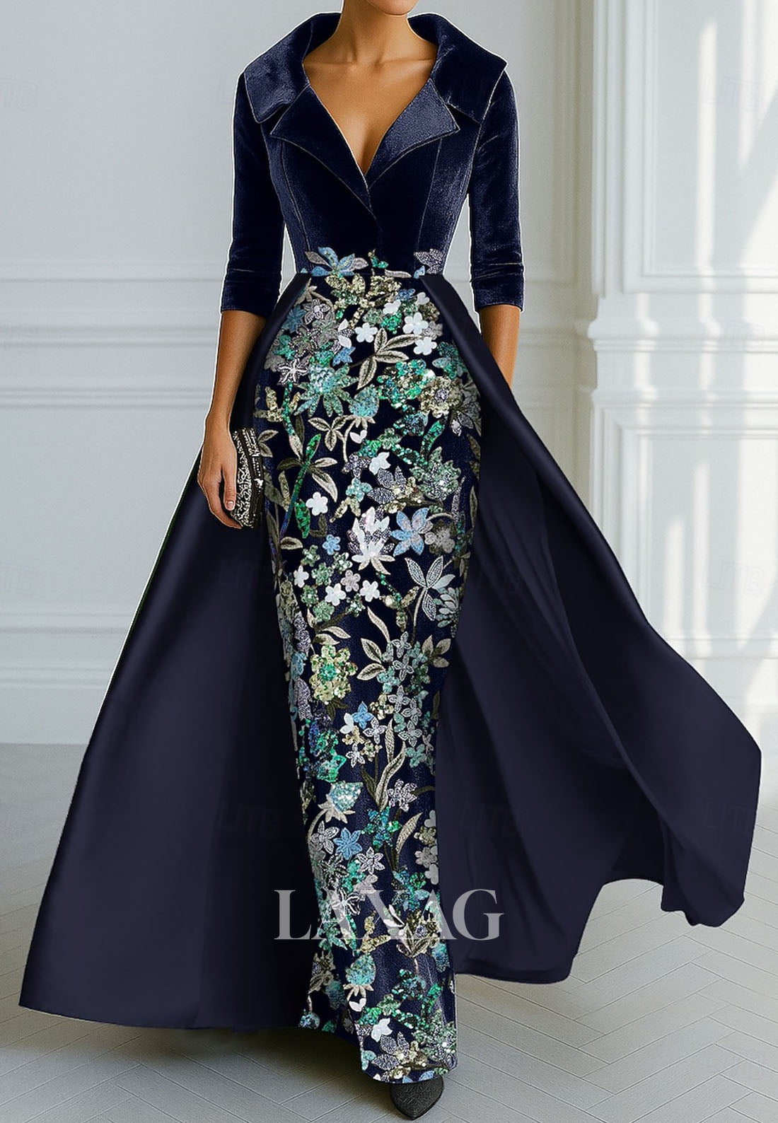 Floor-Length Sequined Applique Velvet Mermaid Evening Dress V-Neck Collared 3/4-Sleeves Formal Gowns