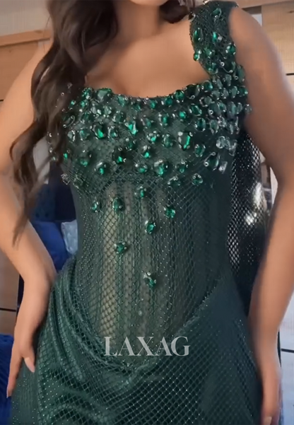 Scoop-Neck Straps Sleeveless Slit Party Gowns Rhinestone Pleated Tulle Mermaid Prom Dress