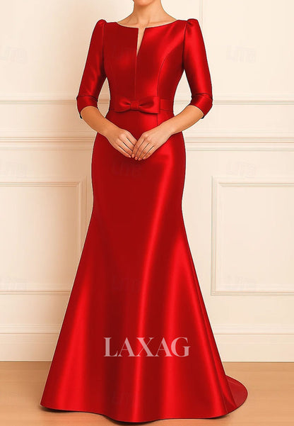 Scoop-Neck 3/4-Sleeves Floor-Length Satin Trumpet Mermaid Evening Dress with Bow