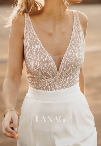 Deep V-Neck Sleeveless Sequined Beaded Tulle&Satin Sheer Floor-Length Wedding Jumpsuit