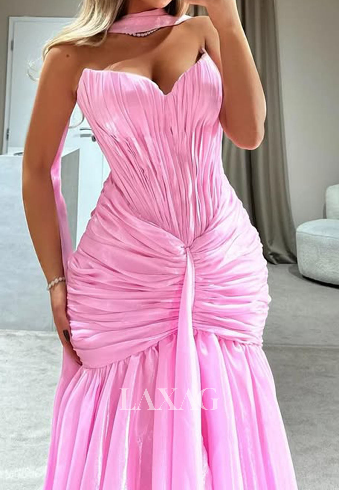 Sweetheart Sleeveless Mermaid Prom Dress Off-Shoulder Pleated Metallic-Chiffon Party Gowns