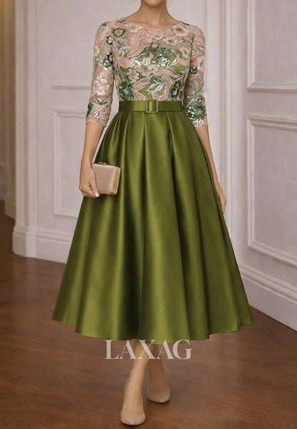 Scoop-Neck 3/4-Sleeves Sequined Tulle&Satin Pleated Sheer Tea-Length A-Line Evening Dress