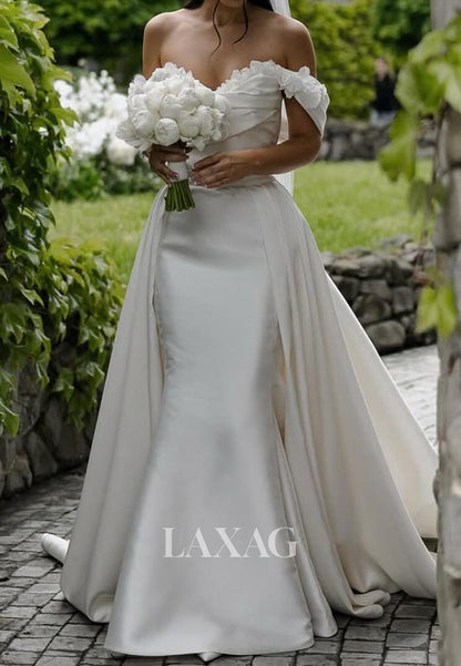 Sweetheart Sleeveless Mermaid Wedding Dress Off-Shoulder Floral Embellished Satin Bride Gowns