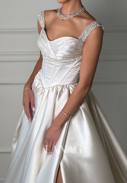 Beaded-Straps Sweetheart Sleeveless Bride Gowns Pleated Satin High Slite A-Line Wedding Dress
