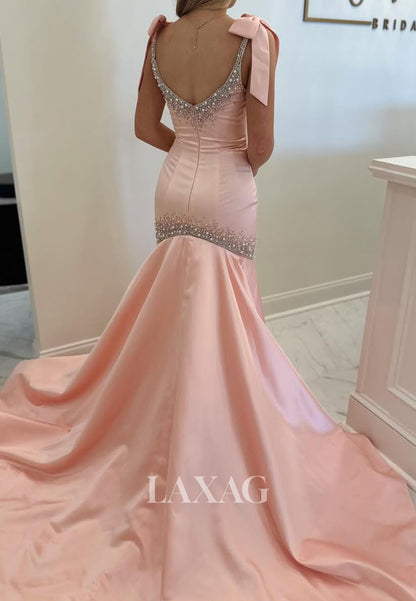 Scoop-Neck Spaghetti Straps Beaded Mermaid Prom Dress Satin Sweep Train Party Gowns with Bows