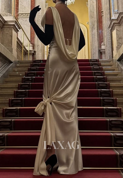 Scoop-Neck Straps Sleeveless Mermaid Evening Dress Pleated Satin Floor-Length Formal Gowns