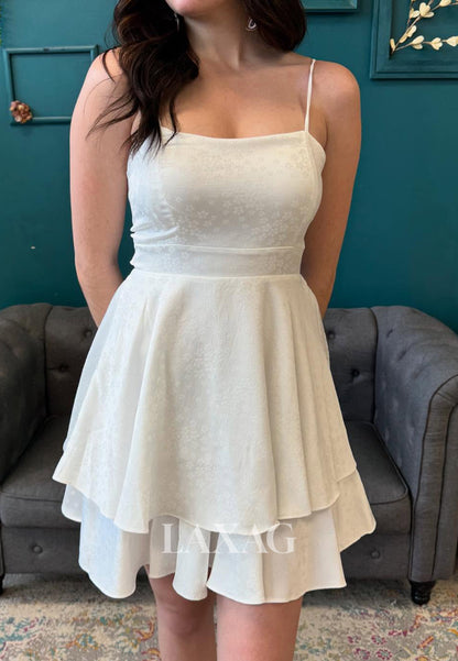 Bateau-Neck Spaghetti Straps Sleeveless Applique Chiffon Tiered A-Line Party Homecoming Dress