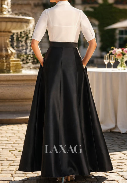 Collared Half-Sleeves Floor-Length Two Tone Satin Pleated A-Line Mother of the Bride Dress
