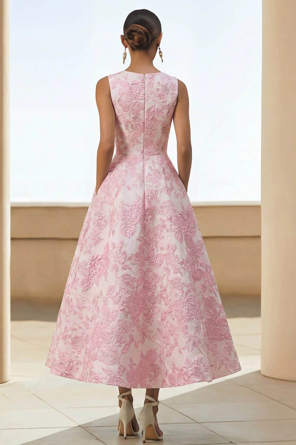 Scoop-Neck Sleeveless Ankle-Length Jacquard Satin Pleated Mother of the Bride Dress
