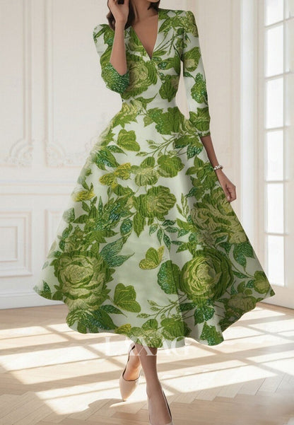 V-Neck 3/4-Sleeves A-Line Evening Dress Tea-Length Jacquard Tulle Pleated Formal Gowns