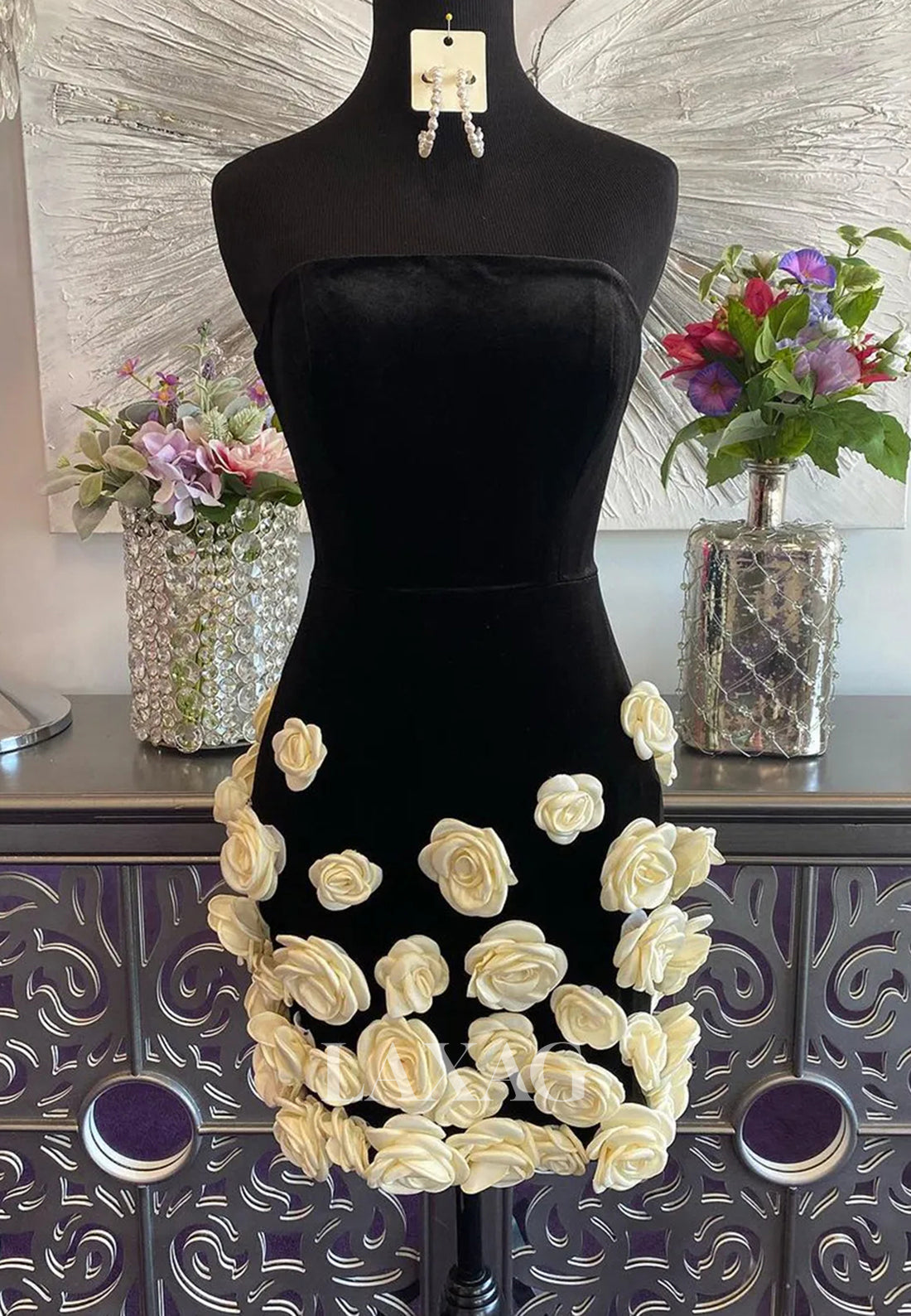 Off-Shoulder Bateau-Neck Sleeveless Floral Embellished Satin Mermaid Homecoming Dress