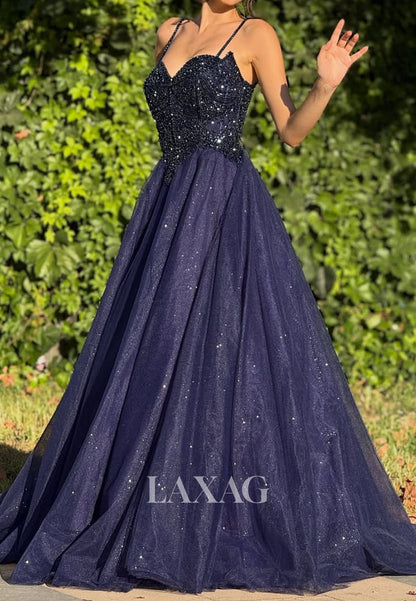 Sweetheart Spaghetti Straps Sleeveless Sequined Applique Pleated Tulle A-Line Prom Dress