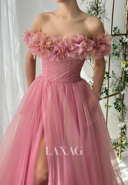 Bateau-Neck Floral Embellished Party Gowns Off-Shoulder Sleeveless Pleated Tulle A-Line Prom Dress