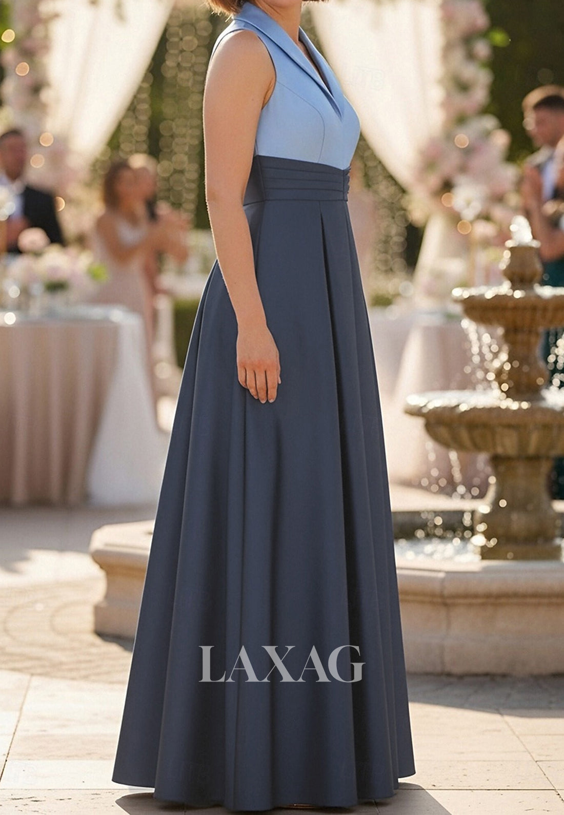 Collared V-Neck Sleeveless Two Tone Satin Pleated Floor-Length A-Line Mother of the Bride Dress