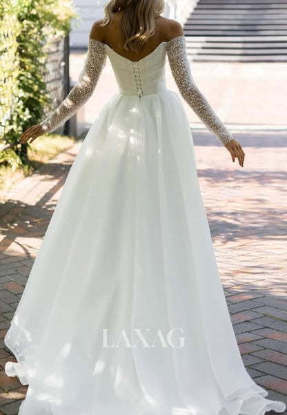 V-NecK Long-Sleeves Pleated Chiffon A-Line Wedding Dress Off-Shoulder Sequined Beaded Bride Gowns