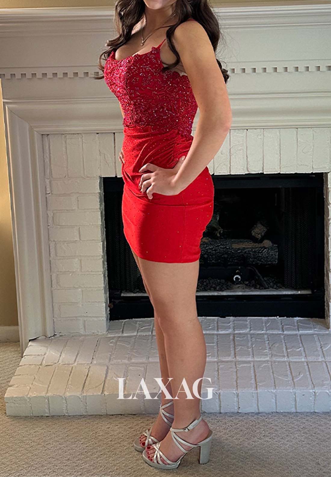 Scoop-Neck Spaghetti Straps Sleeveless Applique Beaded Pleated Satin Mermaid Homecoming Dress