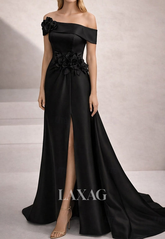 Tube Top Sleeveless 3D-Floral Satin Pleated Slit Mermaid Evening Dress with Sweep Train