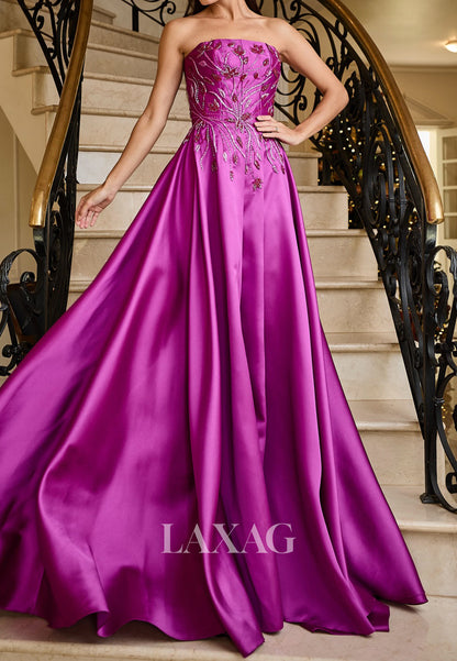 Tube Top Off-Shoulder Sleeveless Beaded Applique Satin Pleated A-Line Evening Dress with Train