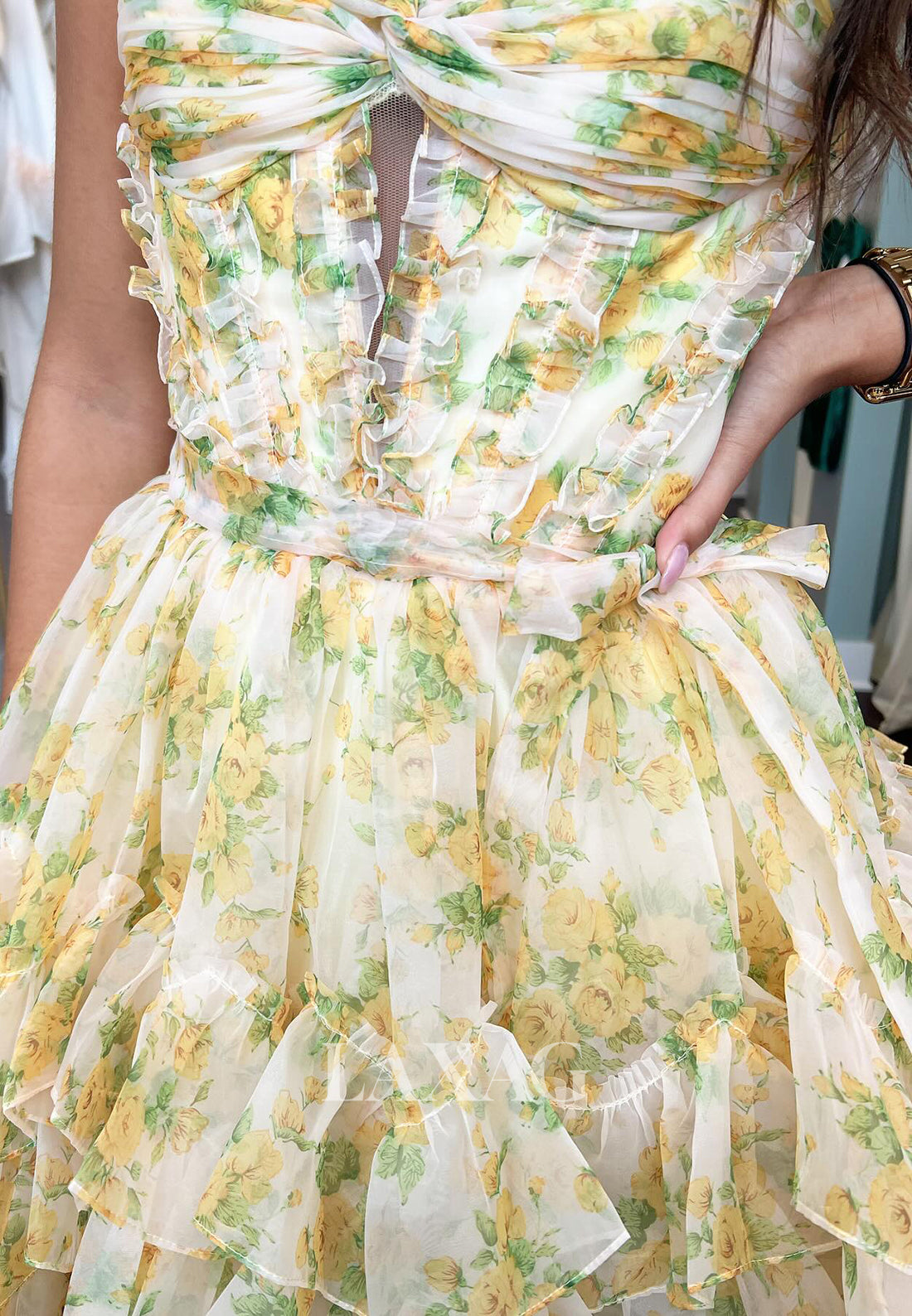 Sweetheart Spaghetti Straps Sleeveless Pleated Print-Chiffon Tiered A-Line Homecoming Dress