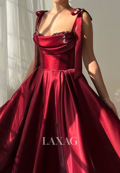 Off-Shoulder Sleeveless Pleated Satin Party Gowns Sweetheart Beaded Tea-Length A-Line Prom Dress