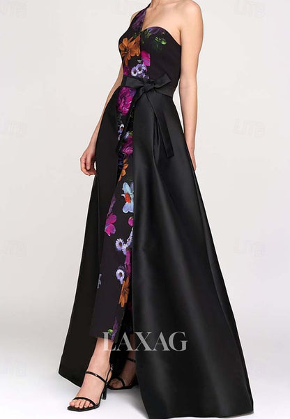 One-Strap Sleeveless Ankle-Length Multi-Color Print-Satin Pleated Mermaid Evening Dress with Train