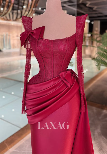 Scoop-Neck Long-Sleeves Mermaid Evening Dress Pleated Lace&Satin Formal Gowns with Bows