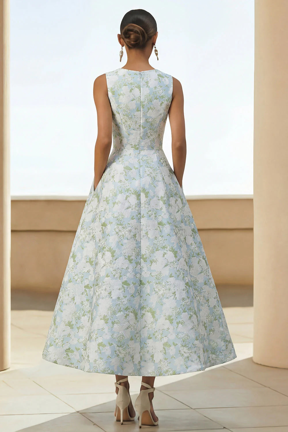 Scoop-Neck Sleeveless Ankle-Length Jacquard Satin Pleated Mother of the Bride Dress