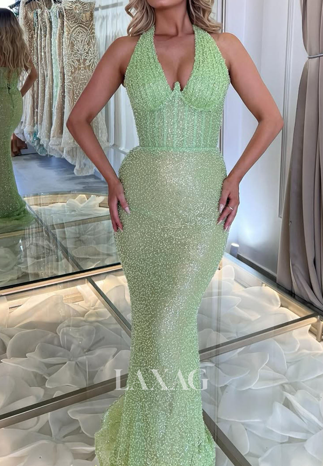 Off-Shoulder Halter-Neck Mermaid Prom Dress Fully Beaded Pleated Floor-Length Party Gowns