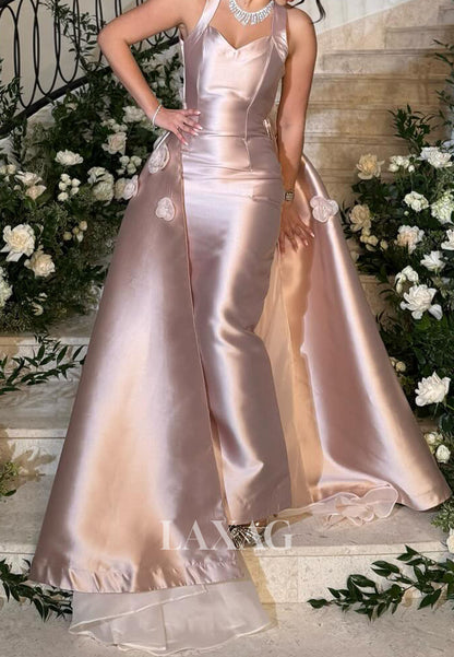 Halter-Sweetheart Sleeveless A-Line Evening Dress Floral Embellished Pleated Satin Formal Gowns