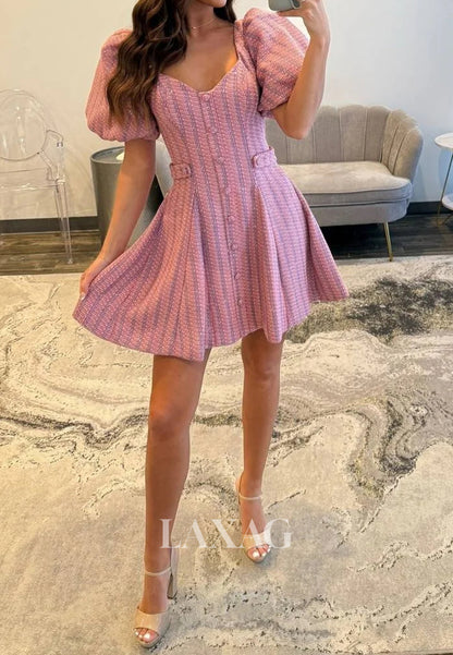 V-Neck Short-Sleeves Jersey Pleated Simple A-Line Party Homecoming Dress