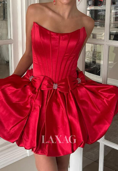Off-Shoulder Scoop-Neck Sleeveless Pleated Satin A-Line Party Homecoming Dress with Bows