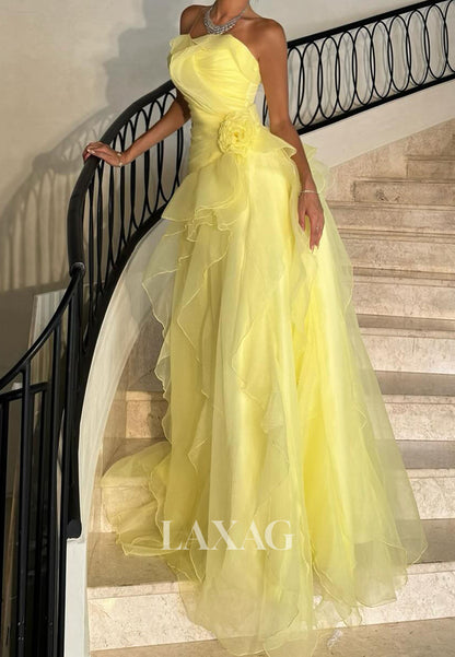 Off-Shoulder Sweetheart Sleeveless Formal Gowns Pleated Tulle Tiered A-Line Evening Dress
