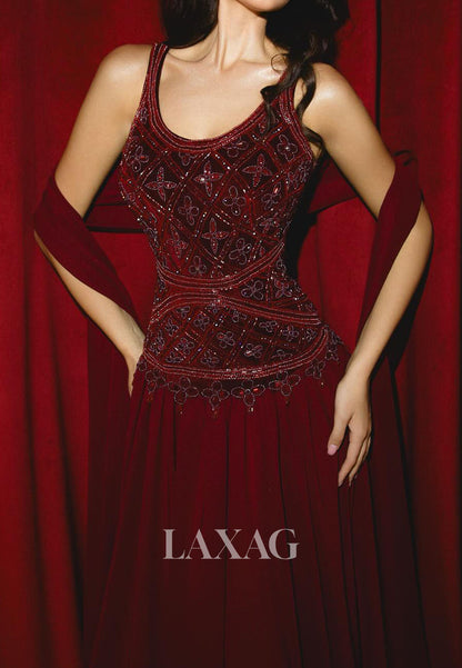 Scoop-Neck Straps Chiffon Pleated Mermaid Evening Dress Sequined Applique Formal Gowns