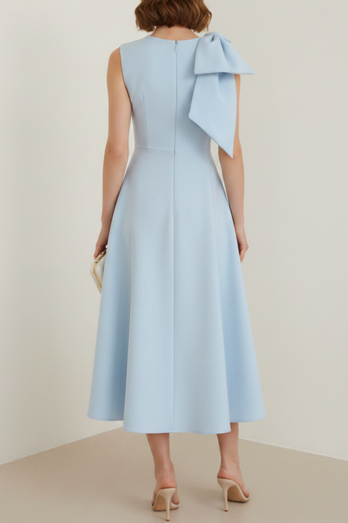 Scoop-Neck Sleevelss Satin Tea-Length A-Line Wedding Guest Dress with Bow