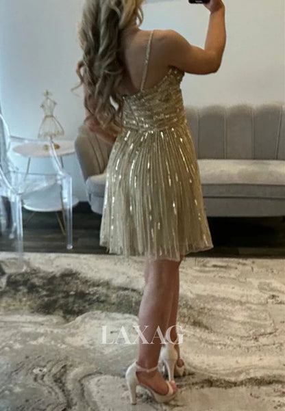 Sweetheart Spaghetti Straps Sleeveless Fully Sequined Pleated Tulle A-Line Homecoming Dress