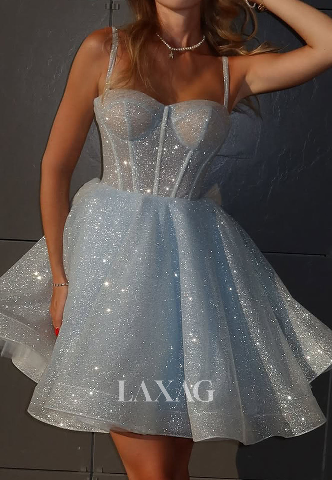 Sweetheart Spaghetti Straps Sleeveless Glitter-Knit Pleated A-Line Party Homecoming Dress
