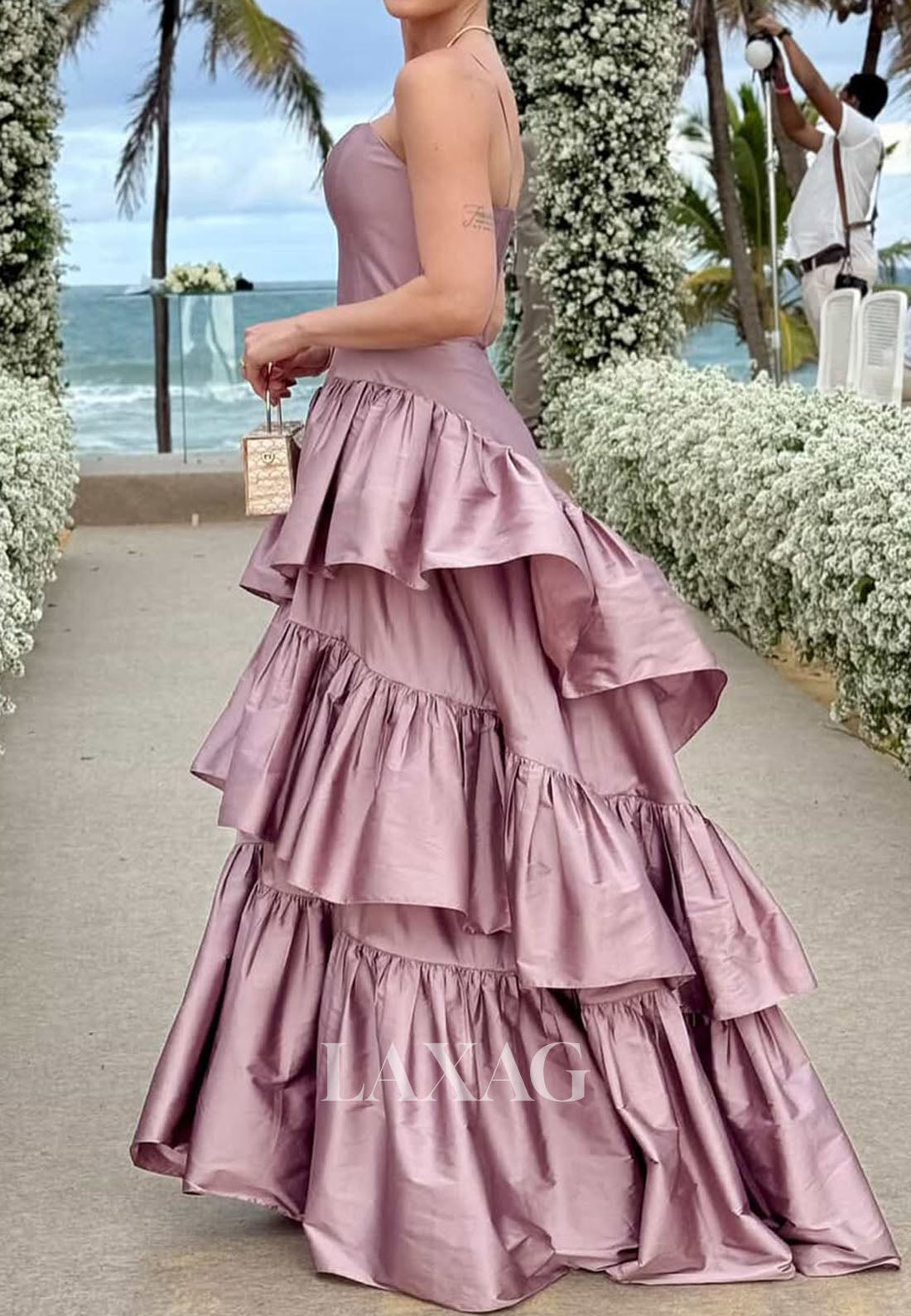 Tube Top Spaghetti Straps A-Line Prom Dress Sleeveless Satin Pleated Tiered Party Gowns