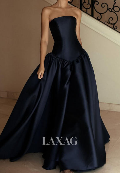 Off-Shoulder Pleated Satin Party Gowns Tube Top Sleeveless Floor-Length A-Line Prom Dress
