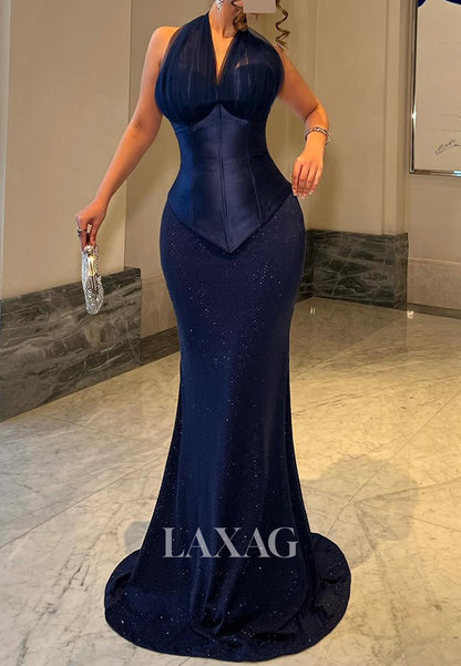 Halter V-Neck Sleeveless Fully Beaded Tulle Pleated Floor-Length Mermaid Evening Dress