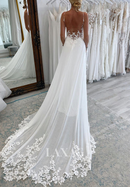 V-Neck Spaghetti Straps Sleeveless Lace Applique Chiffon A-Line Wedding Dress with Train