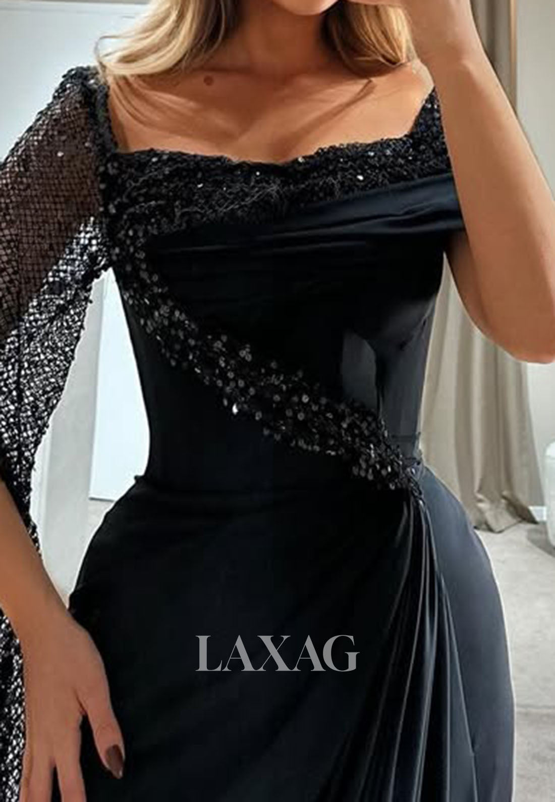 Bateau-Neck One-Cap-Sleeve Formal Gowns Sequined Pleated Chiffon Mermaid Evening Dress