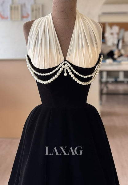 Halter V-Neck Sleeveless Pearls Prom Gowns Two Tone Satin Pleated A-Line Evening Dress