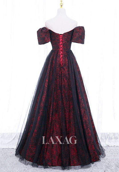 Sweetheart Off-Shoulder Sleeveless A-Line Prom Dress Pleated Print Satin&Tulle Party Gowns